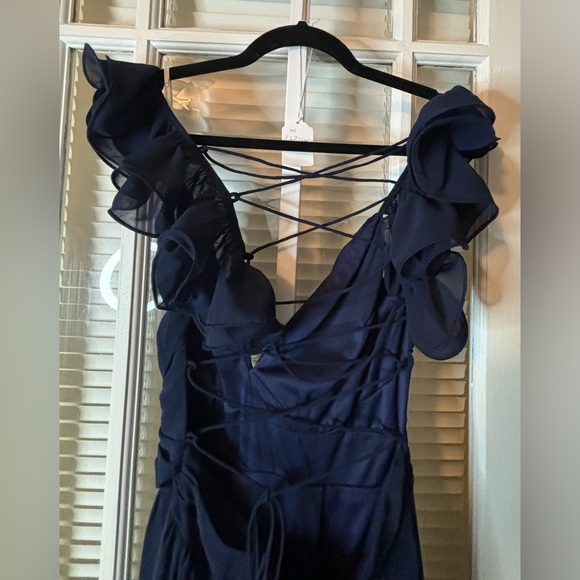 Lulu’s Navy Blue Lace Up Ruffle Maxi Dress-Size Medium - Picture 9 of 12
